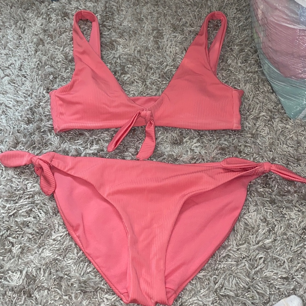 Pink ribbed tie bikini